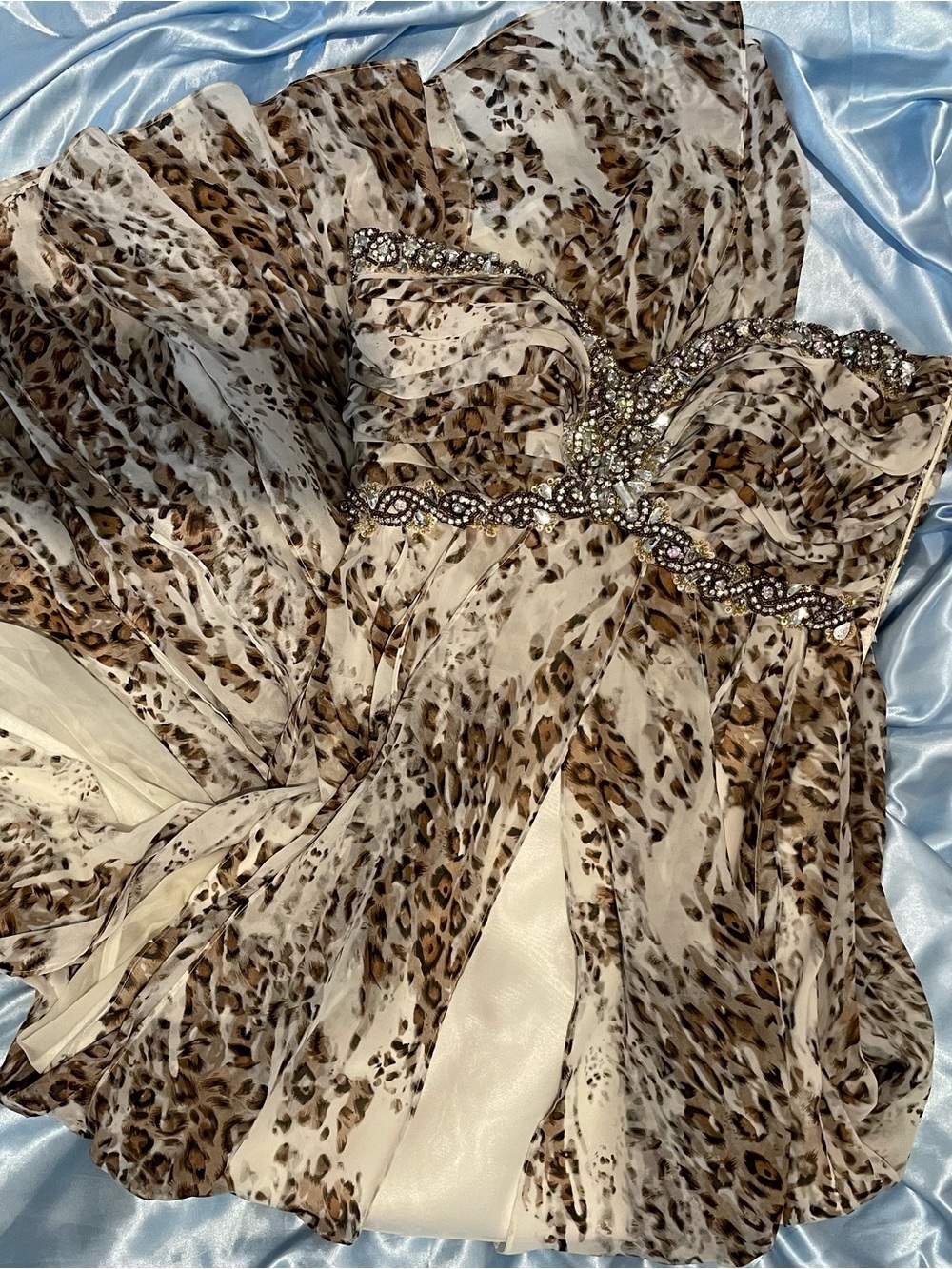 Strapless Leopard-Print Beaded Evening Gown - Cream & Brown